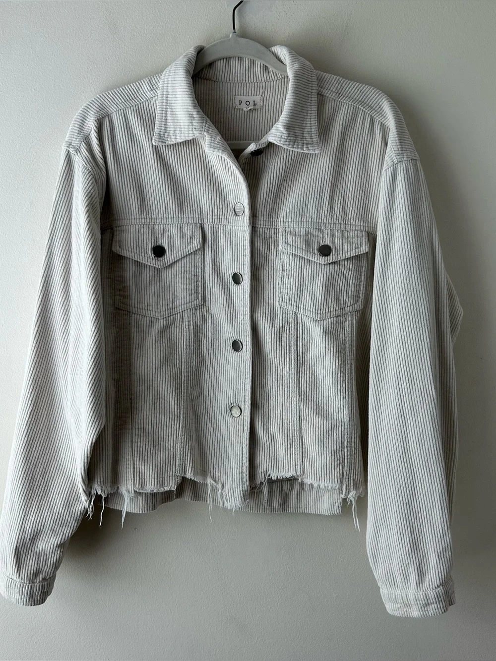 POL Corduroy Distressed Frayed Trucker Jacket Shacket Cream M